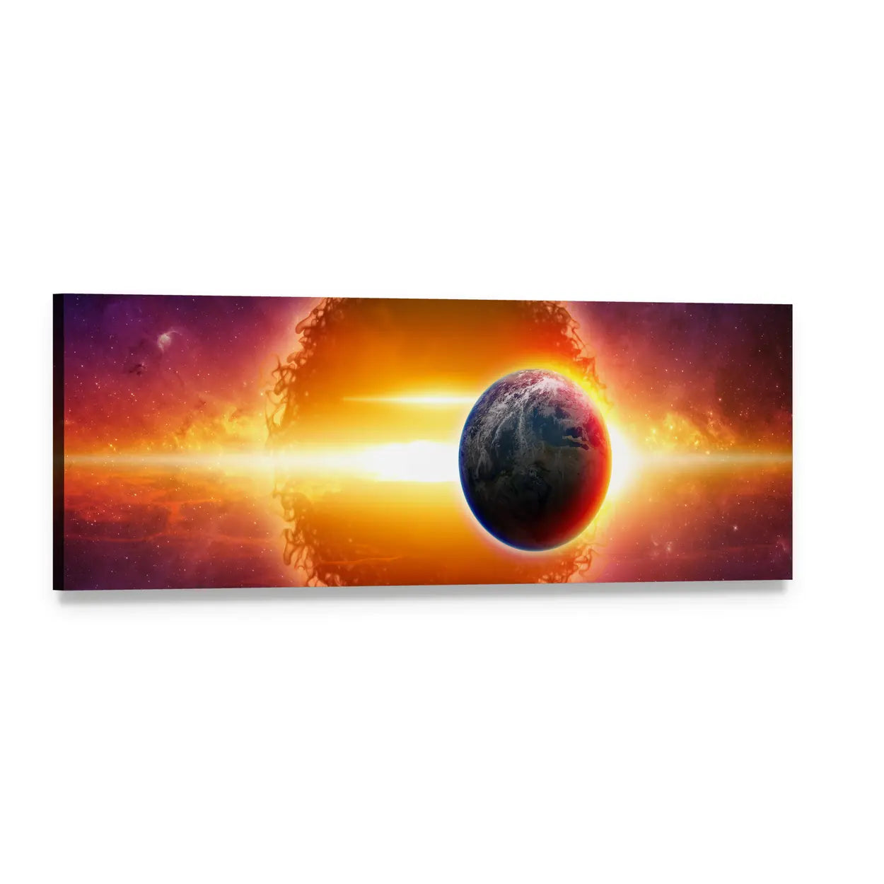 Alien Planet Approaching Earth Panoramic Canvas Wall Art, single panel gallery wrapped canvas, angled product view