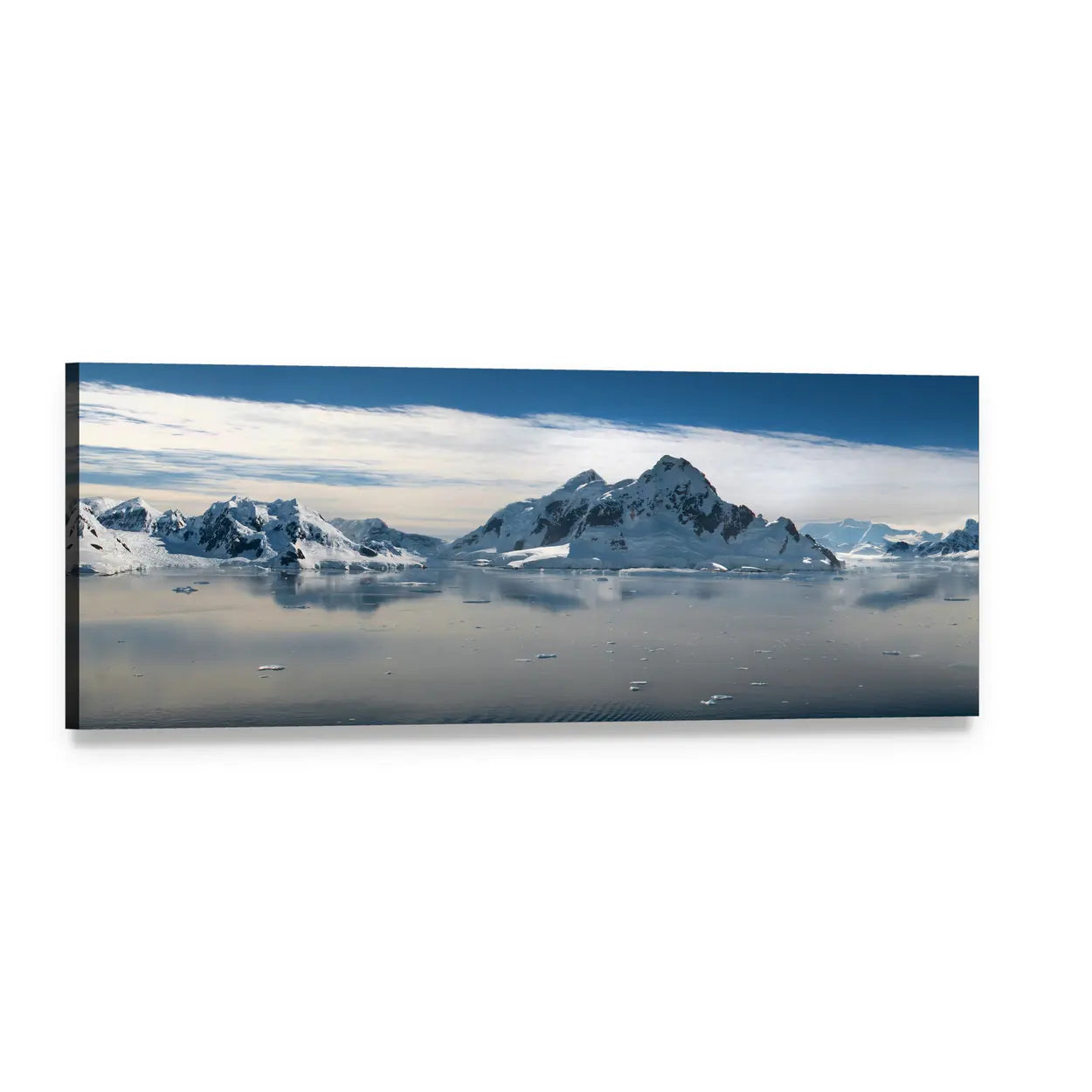 Frozen Lake in Winter Panoramic Canvas Wall Art, single panel gallery wrapped canvas, angled product view