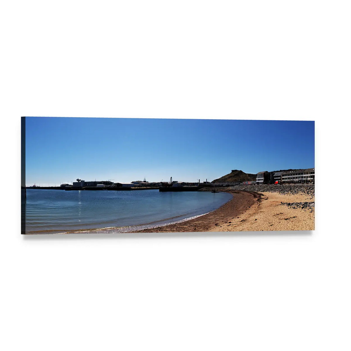 Sandy Beach and Distant Harbor View Panoramic Canvas Wall Art, single panel gallery wrapped canvas, angled product view