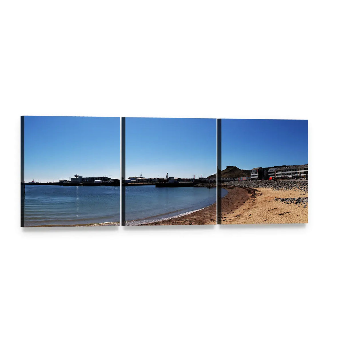 Sandy Beach and Distant Harbor View Panoramic Canvas Wall Art, 3 panel 3 Piece layout gallery wrapped canvas set, angled product view