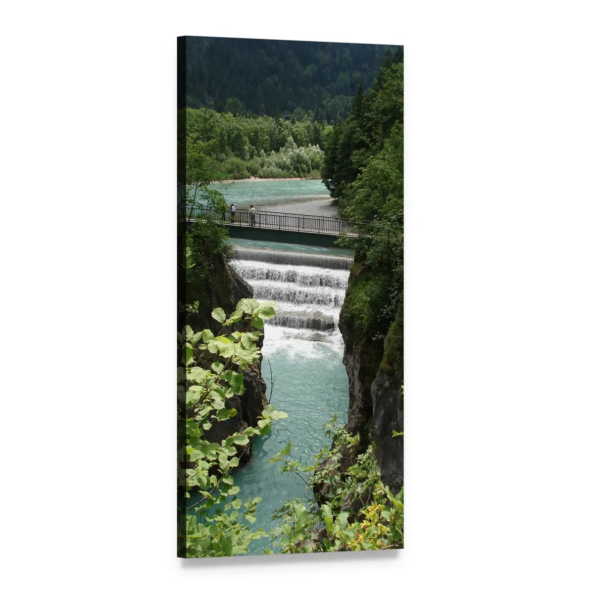 Turquoise River with Footbridge and Waterfall Vertical Canvas Wall Art, 1 panel 1 Vertical layout gallery wrapped canvas set, angled product view
