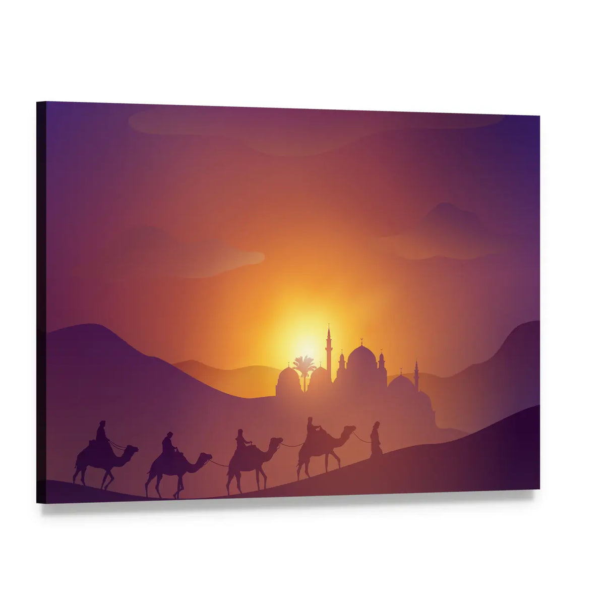 Camel Caravan at Sunset with Mosque Silhouette Canvas Wall Art, single panel gallery wrapped canvas, angled product view