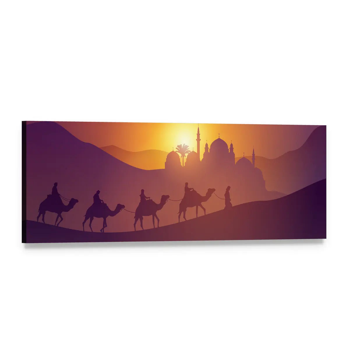 Arabic Desert Caravan at Sunset Panoramic Canvas Wall Art, single panel gallery wrapped canvas, angled product view