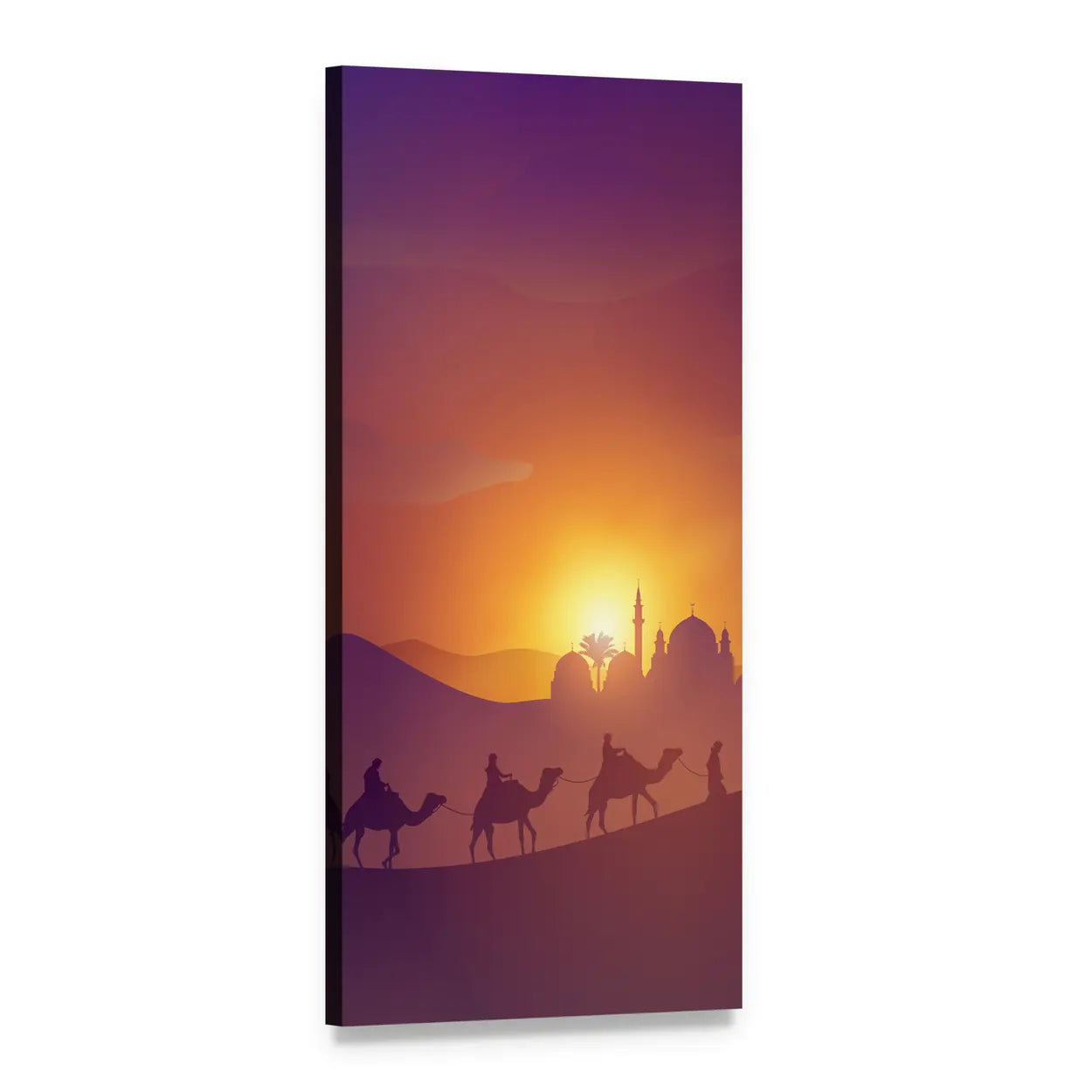 Arabic Desert Caravan at Dusk Vertical Canvas Wall Art, 1 panel 1 Vertical layout gallery wrapped canvas set, angled product view