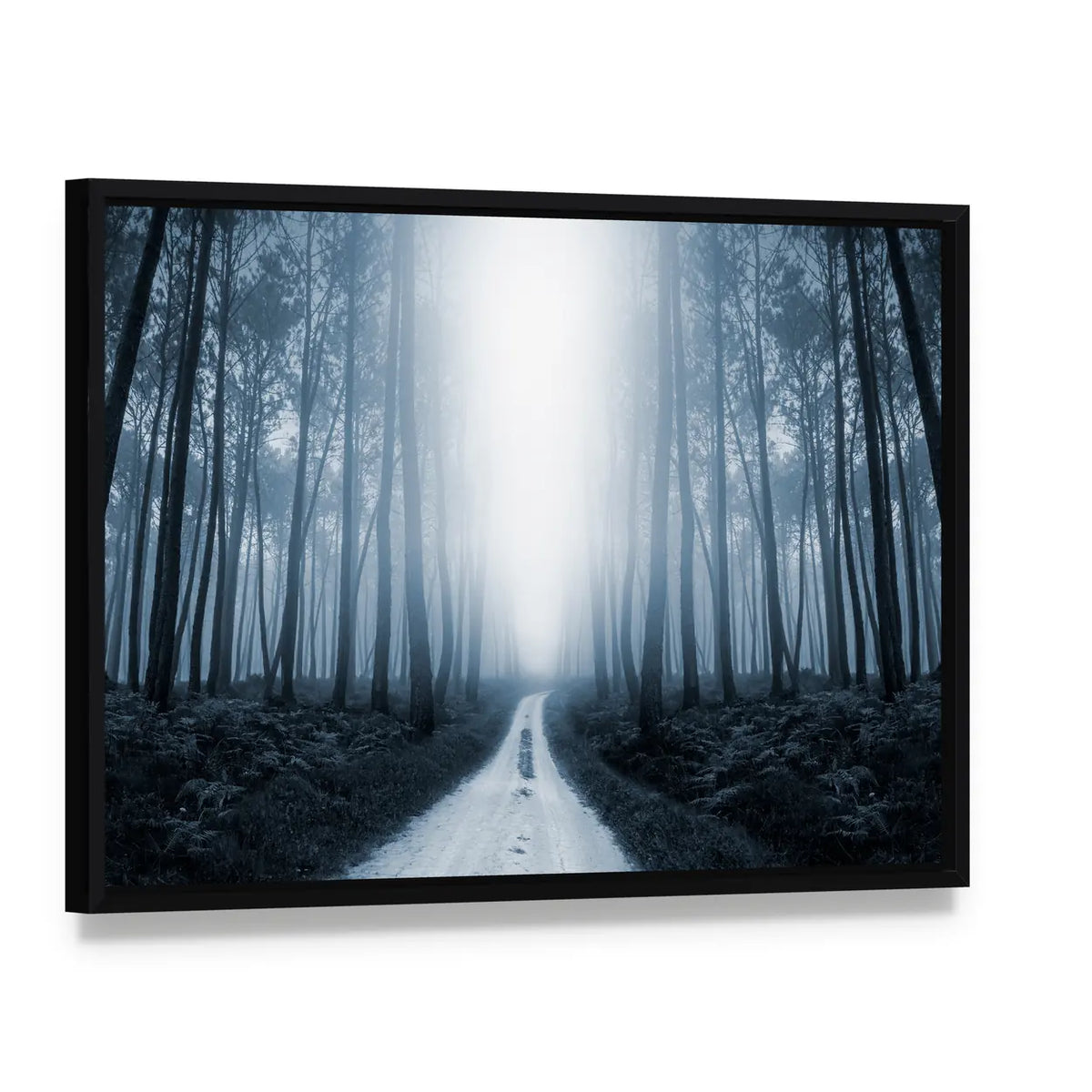 Scary Misty Road In The Forest Canvas Wall Art, framed canvas in a black floater frame, angled product view