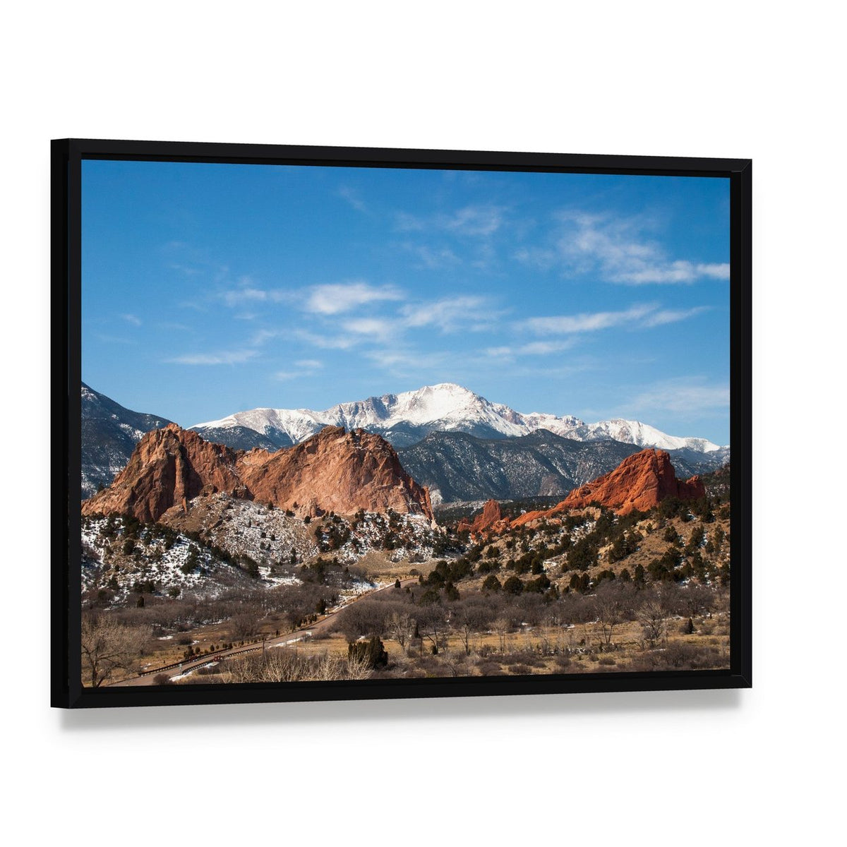 Garden of the Gods Park Colorado Canvas Wall Art, framed canvas in a black floater frame, angled product view
