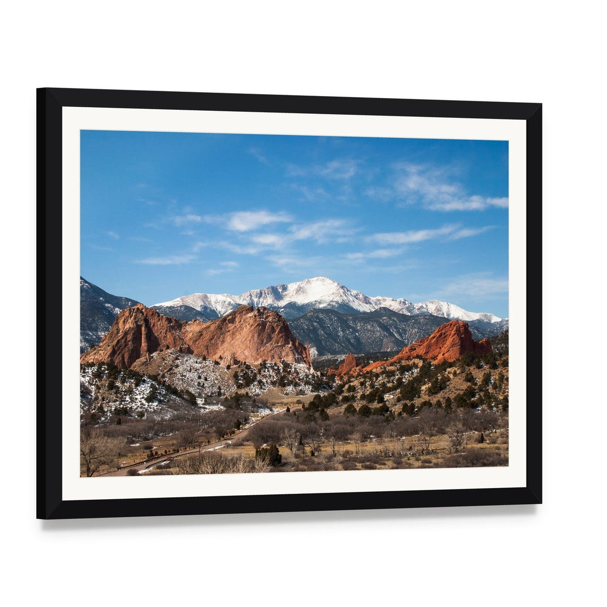 Garden of the Gods Park Colorado Canvas Wall Art, framed print with white mat and black frame, angled product view