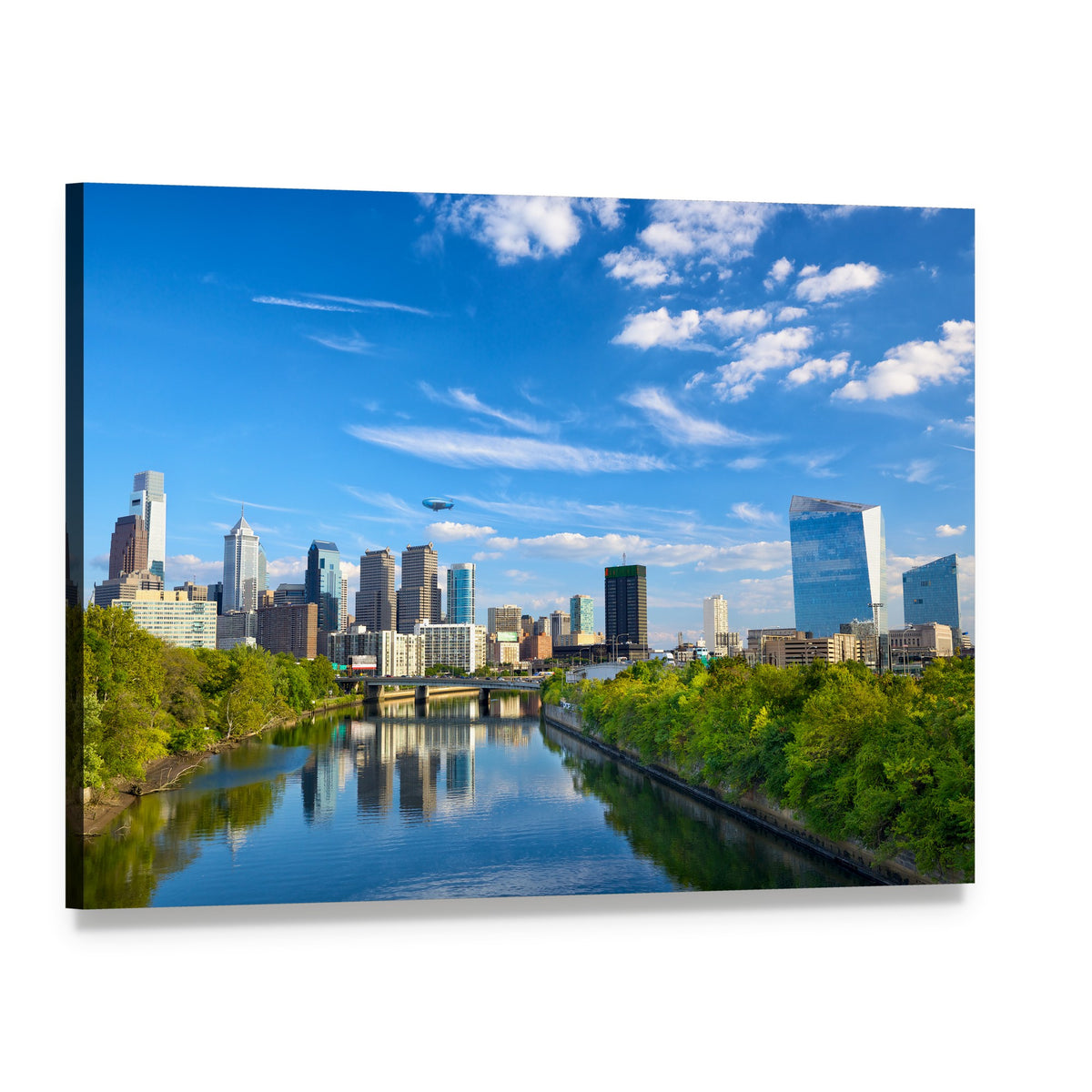 Schuylkill River Skyline Reflection Canvas Wall Art, single panel gallery wrapped canvas, angled product view