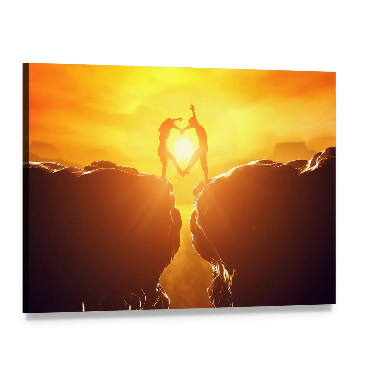 Couple Forming Heart at Sunset Cliffs Canvas Wall Art, single panel gallery wrapped canvas, angled product view
