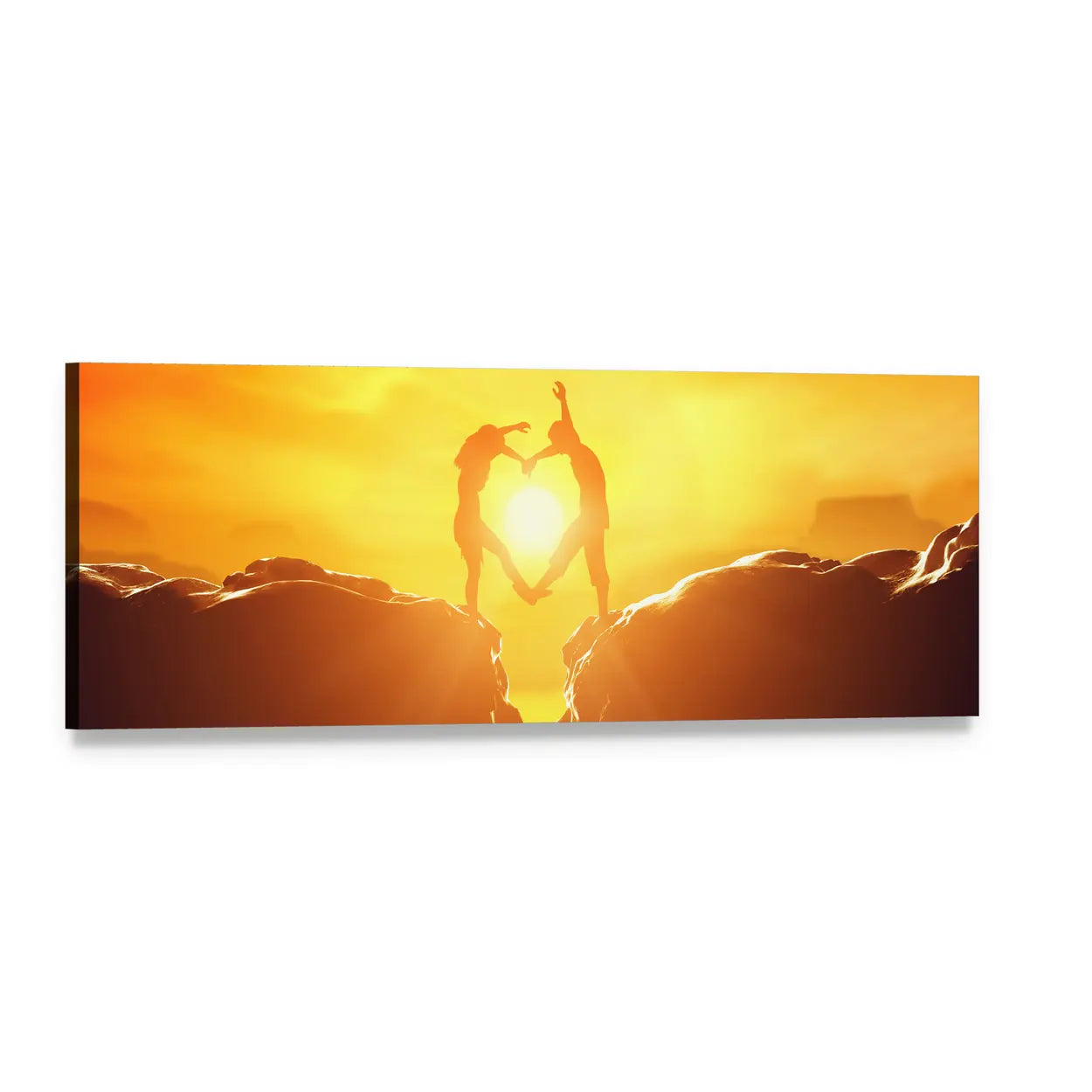 Silhouetted Couple Forming Heart Over Rocky Cliffs Panoramic Canvas Wall Art, single panel gallery wrapped canvas, angled product view