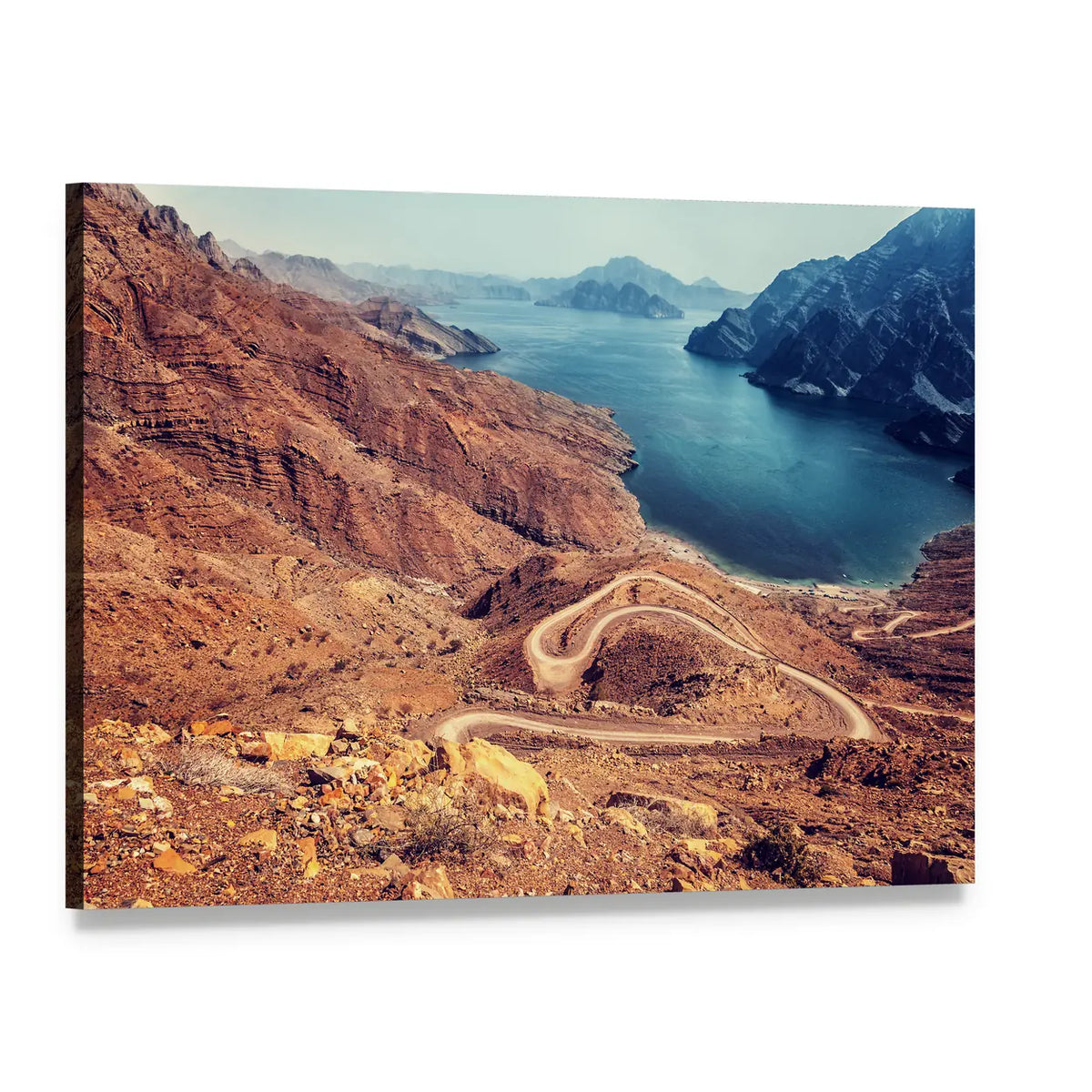 Mountain Switchback to Deep Blue Water Canvas Wall Art, single panel gallery wrapped canvas, angled product view