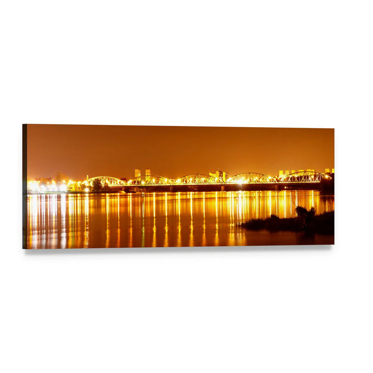 Bridge at Night with Golden Reflections Panoramic Canvas Wall Art, single panel gallery wrapped canvas, angled product view