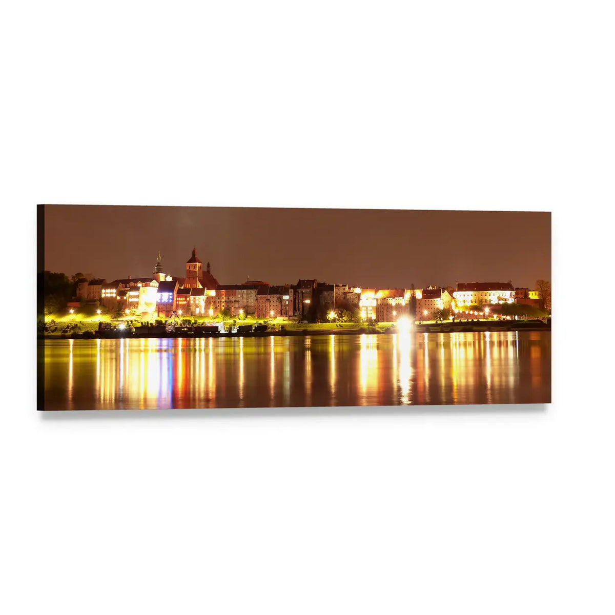 Golden Riverside City Skyline at Night Panoramic Canvas Wall Art, single panel gallery wrapped canvas, angled product view