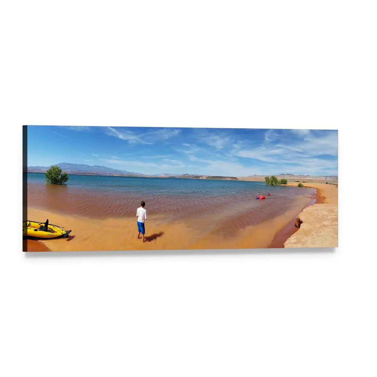 Summer Beach with Yellow Kayak and Lone Figure Panoramic Canvas Wall Art, single panel gallery wrapped canvas, angled product view