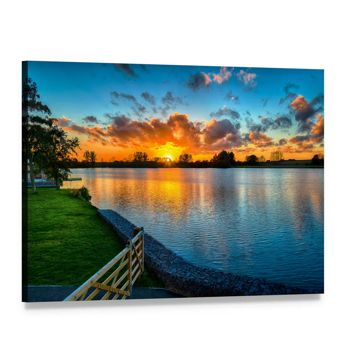 Winter Sunset Over a Lake Canvas Wall Art, single panel gallery wrapped canvas, angled product view