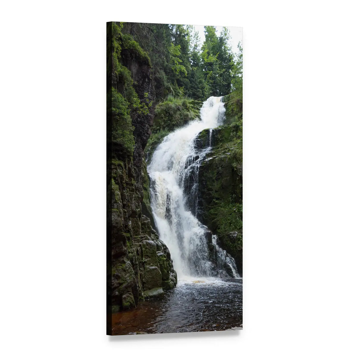 Monolithic Waterfall Amid Lush Forest Vertical Canvas Wall Art, 1 panel 1 Vertical layout gallery wrapped canvas set, angled product view