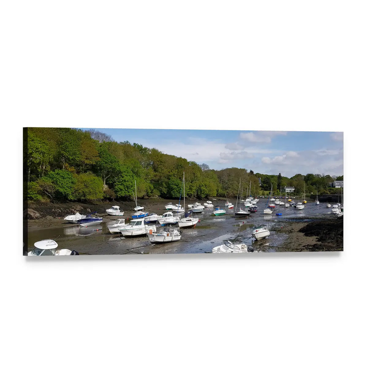 Motorboats and Sailboats in Shallow Bay Panoramic Canvas Wall Art, single panel gallery wrapped canvas, angled product view