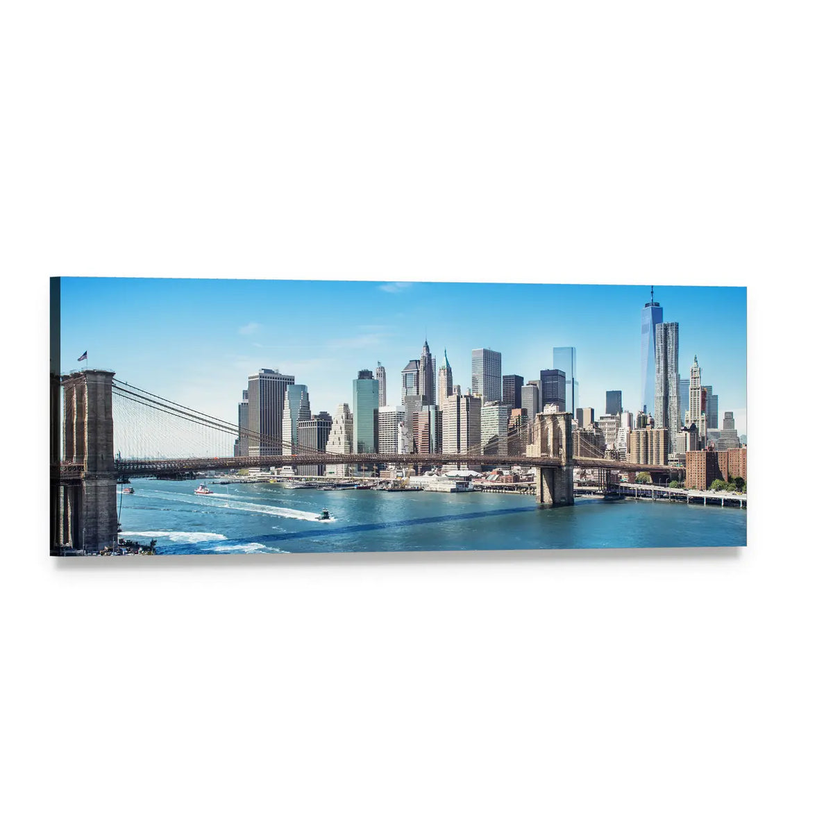 Manhattan Skyline and Brooklyn Bridge Panoramic Canvas Wall Art, single panel gallery wrapped canvas, angled product view