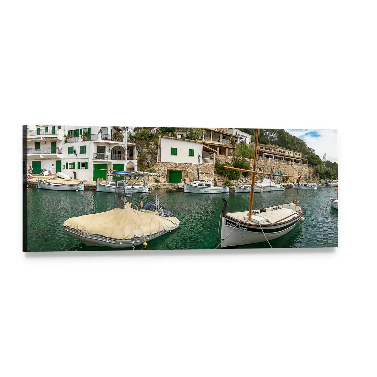 Mediterranean Harbor with Wooden Boats Panoramic Canvas Wall Art, single panel gallery wrapped canvas, angled product view