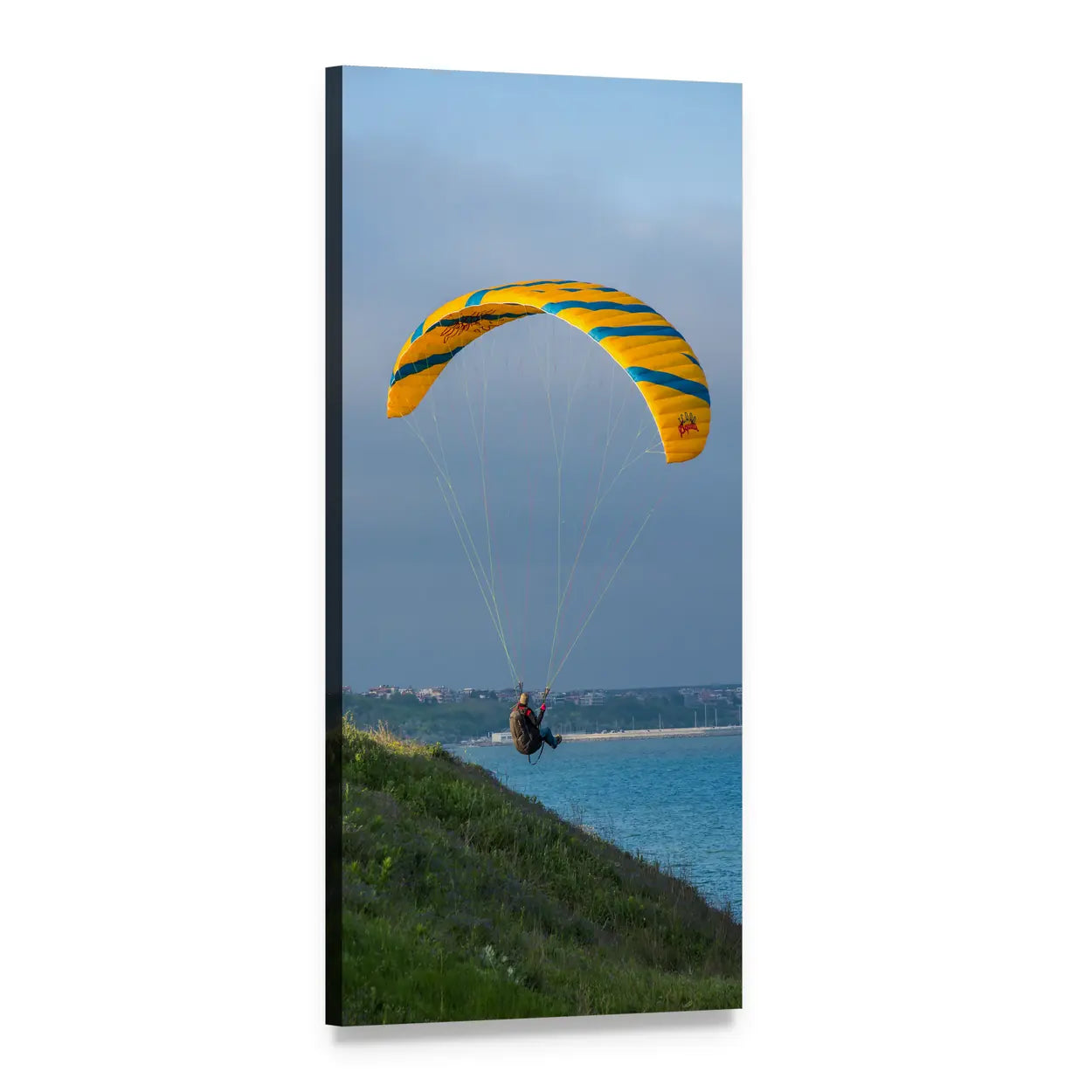 Paraglider Over Coastal Cliff Vertical Canvas Wall Art, 1 panel 1 Vertical layout gallery wrapped canvas set, angled product view