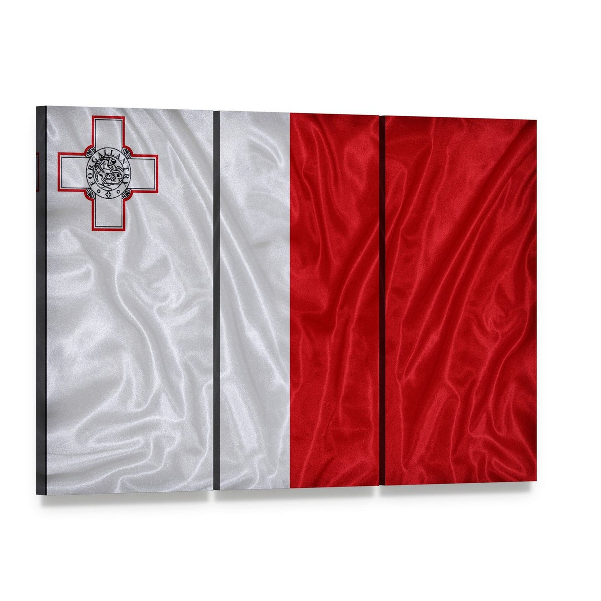 Malta Flag with George Cross Canvas Wall Art, 3 panel 3 Horizontal layout gallery wrapped canvas set, angled product view