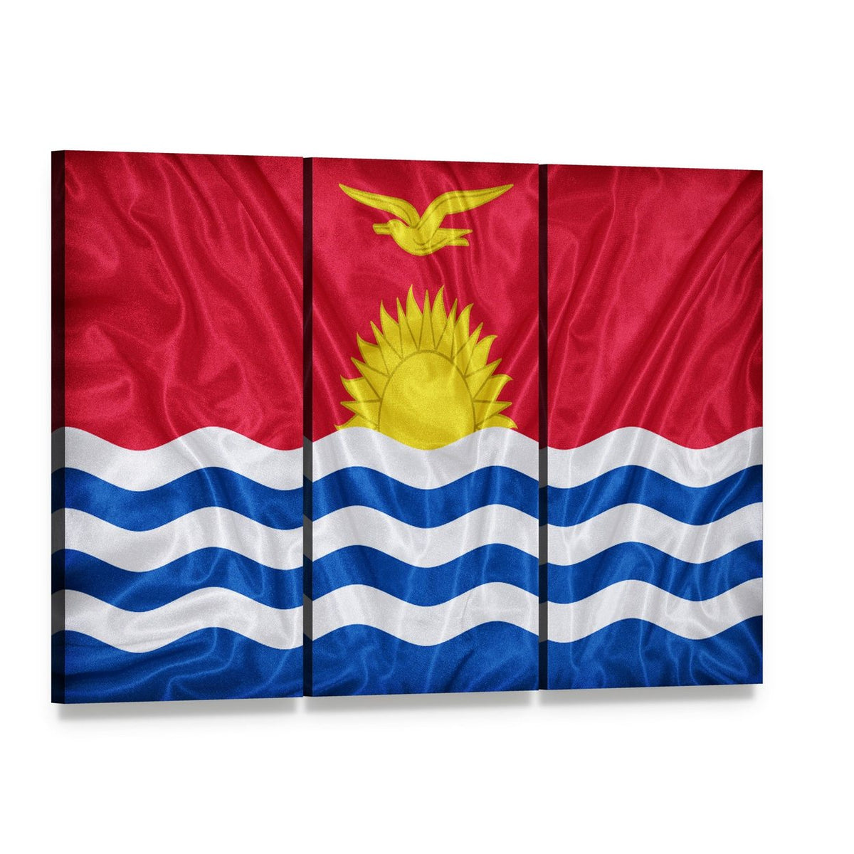 Kiribati Flag with Frigatebird and Rising Sun Canvas Wall Art, 3 panel 3 Horizontal layout gallery wrapped canvas set, angled product view