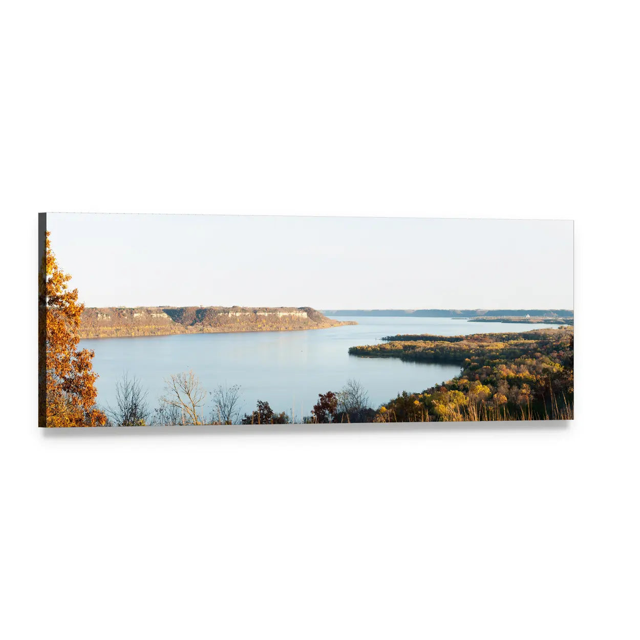 Autumn Lake with Orange Foliage Panoramic Canvas Wall Art, single panel gallery wrapped canvas, angled product view