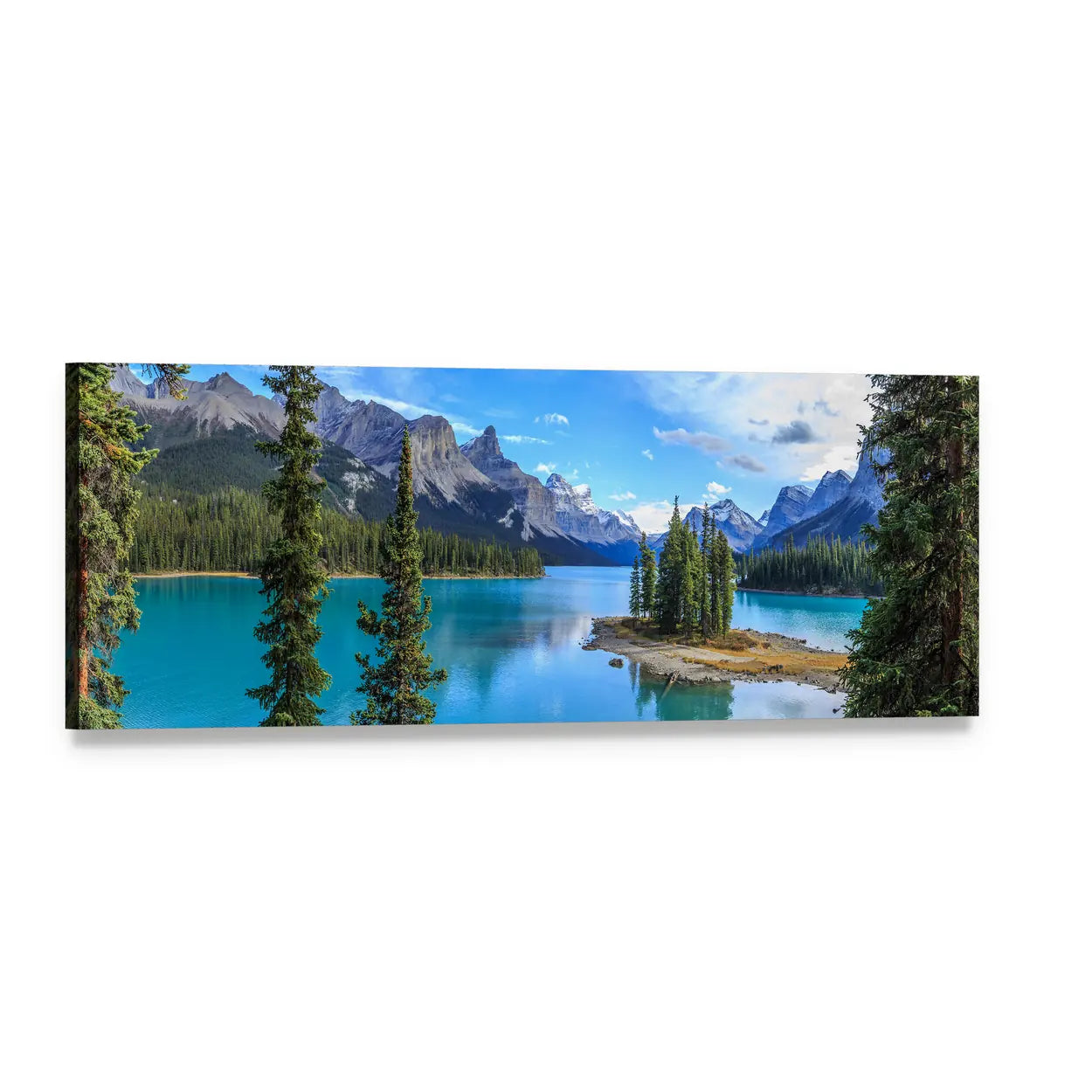 Spirit Island on Maligne Lake Panoramic Canvas Wall Art, single panel gallery wrapped canvas, angled product view