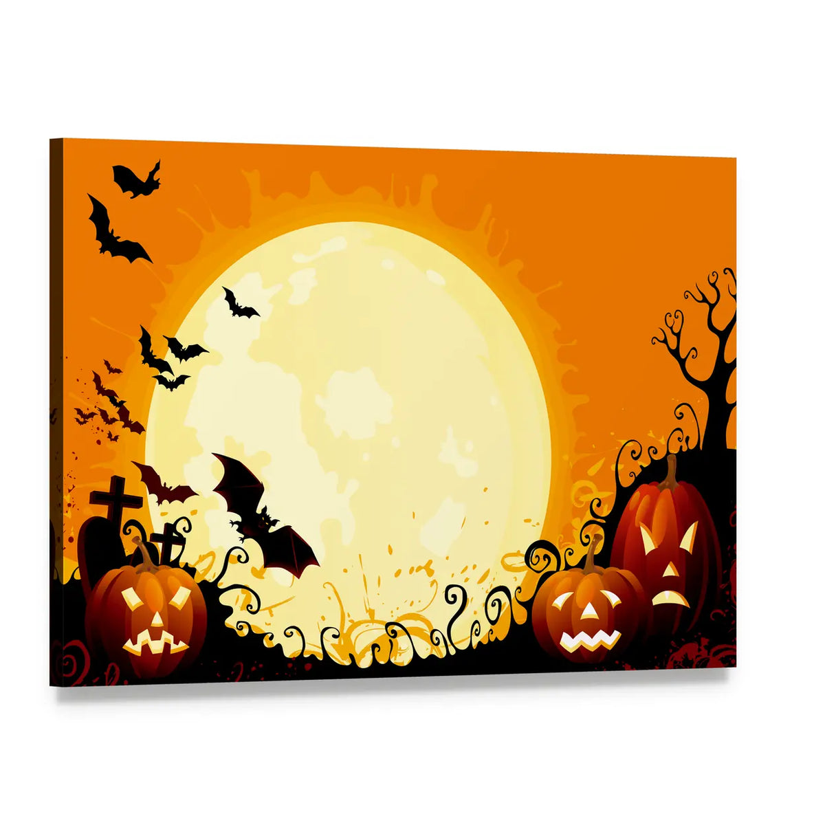 Jack-o'-lanterns Under Full Moon Canvas Wall Art, single panel gallery wrapped canvas, angled product view