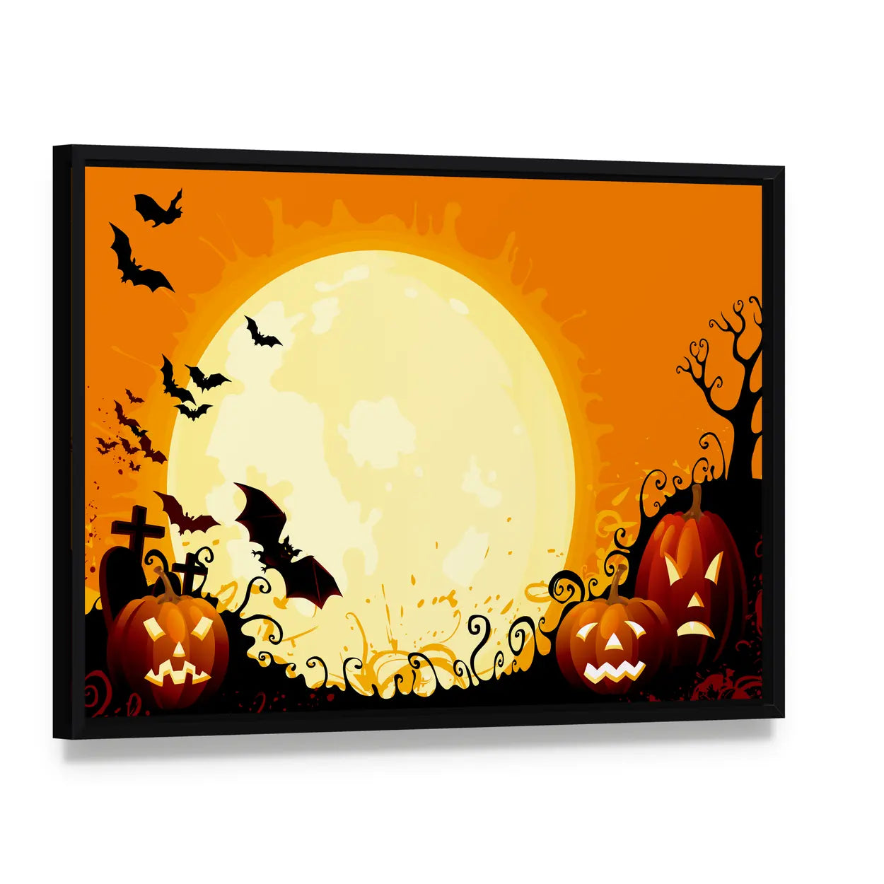 Jack-o'-lanterns Under Full Moon Canvas Wall Art, framed canvas in a black floater frame, angled product view