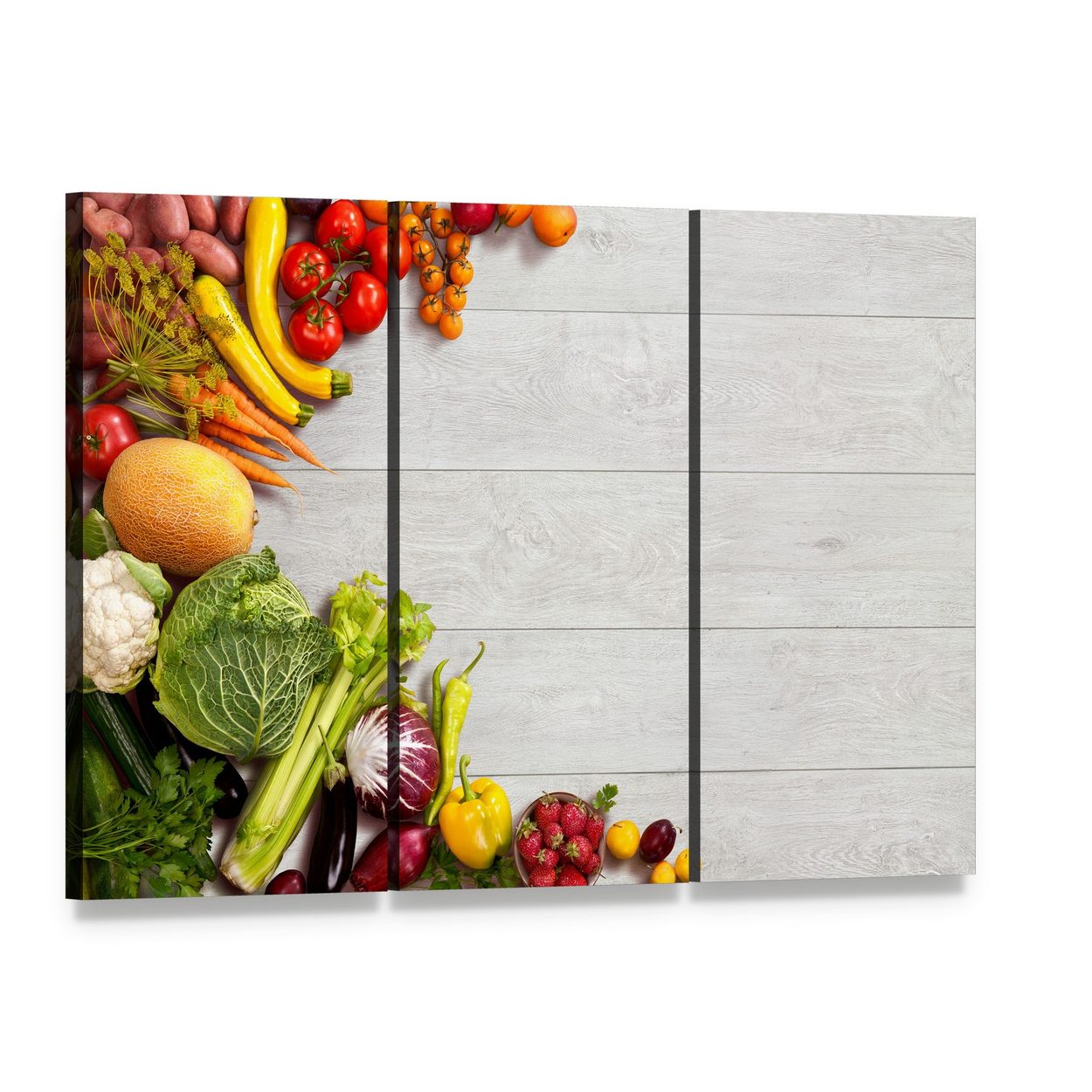 Colorful Fruits and Fresh Vegetables Canvas Wall Art, 3 panel 3 Horizontal layout gallery wrapped canvas set, angled product view