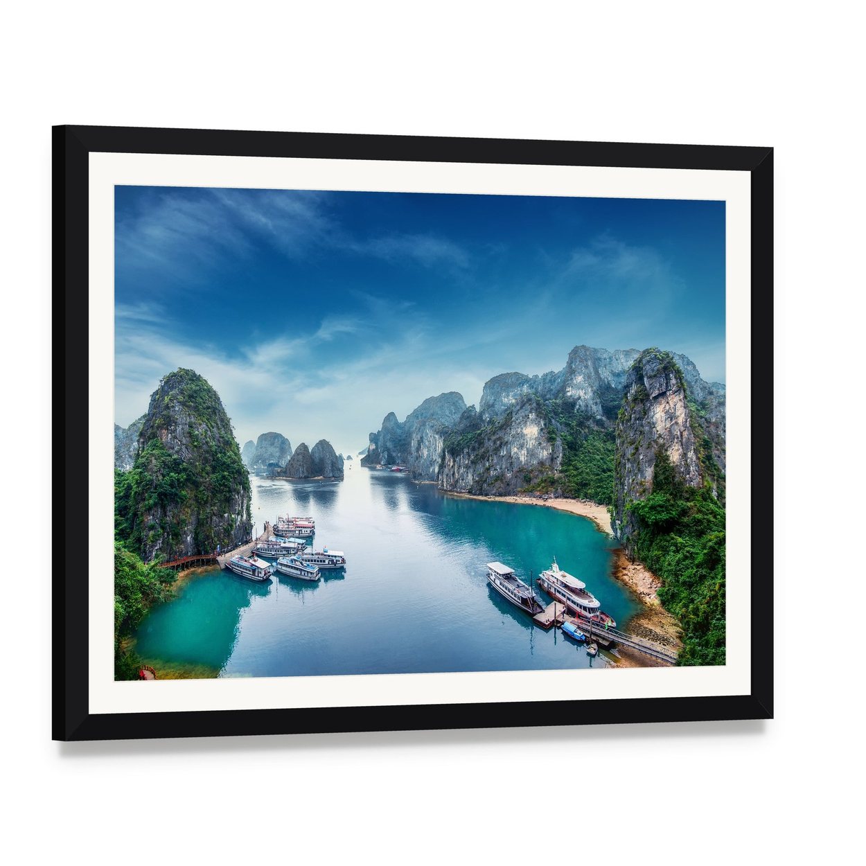 Ha Long Bay, Vietnam Seascape Canvas Wall Art, framed print with white mat and black frame, angled product view