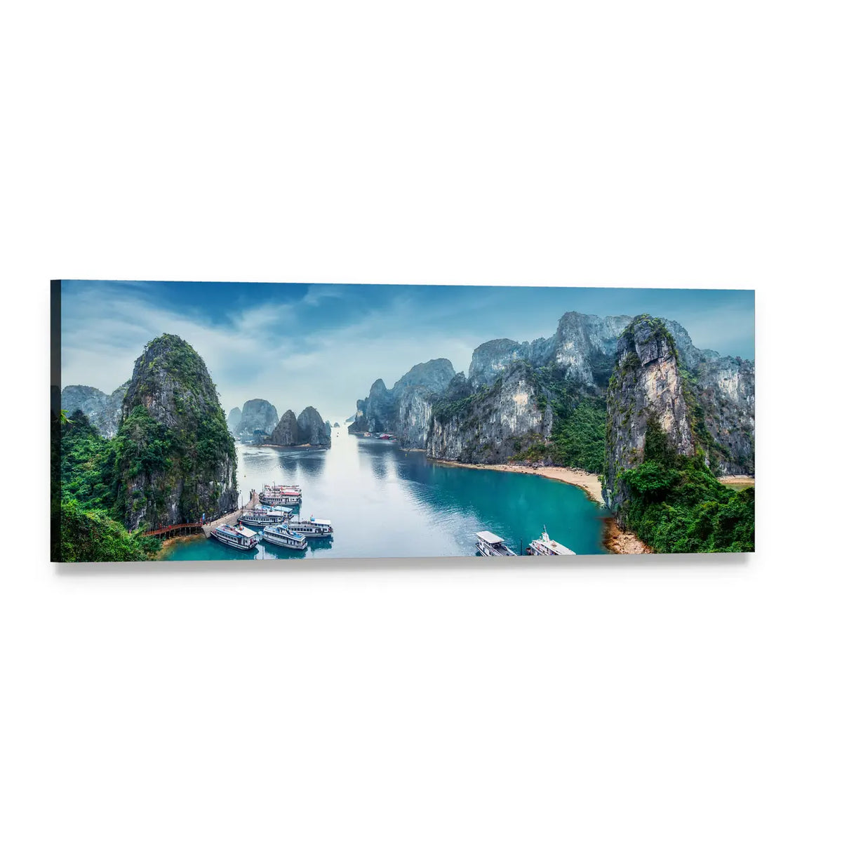 Ha Long Bay Emerald Waters and Limestone Karsts Panoramic Canvas Wall Art, single panel gallery wrapped canvas, angled product view