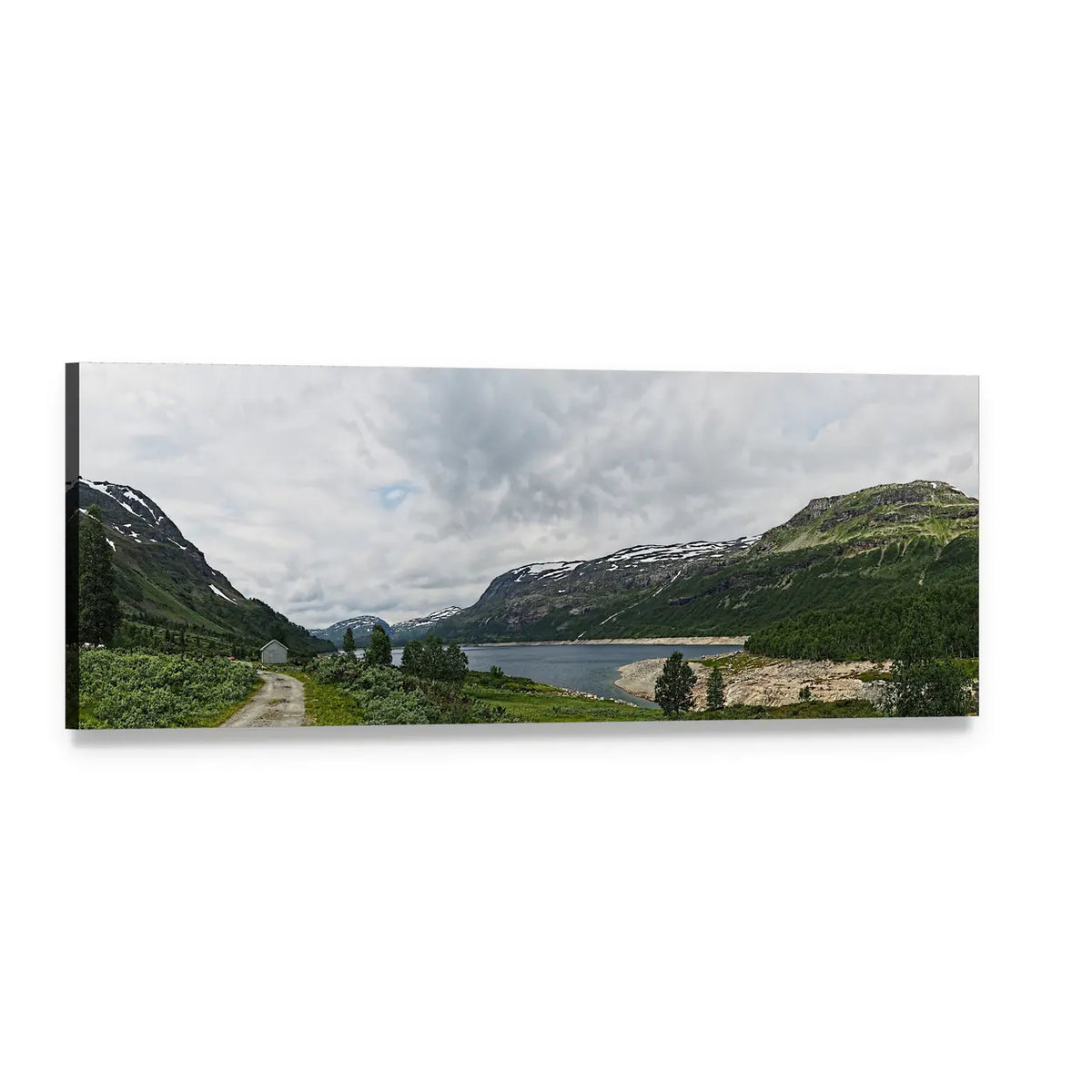Mountain Path to Cabin in Norway Panoramic Canvas Wall Art, single panel gallery wrapped canvas, angled product view