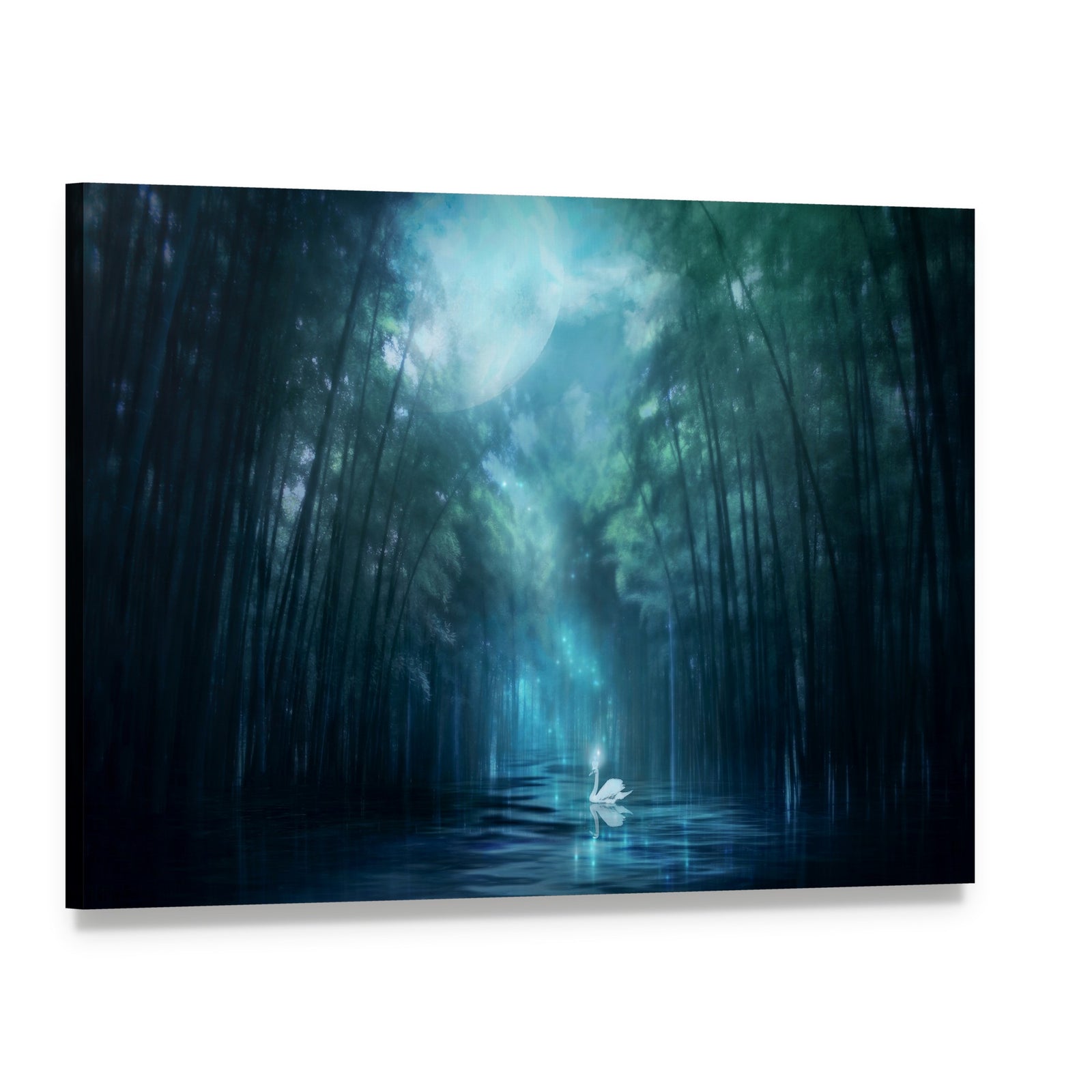 Glowing Swan on Moonlit Lake Canvas Wall Art, single panel gallery wrapped canvas, angled product view