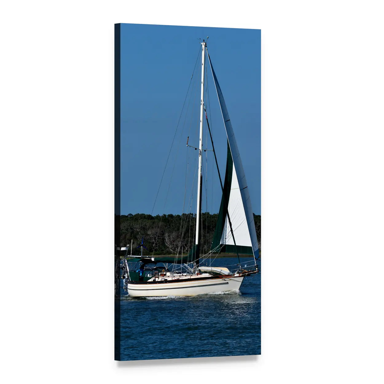 Single-masted Sailboat with Green Sail Vertical Canvas Wall Art, 1 panel 1 Vertical layout gallery wrapped canvas set, angled product view
