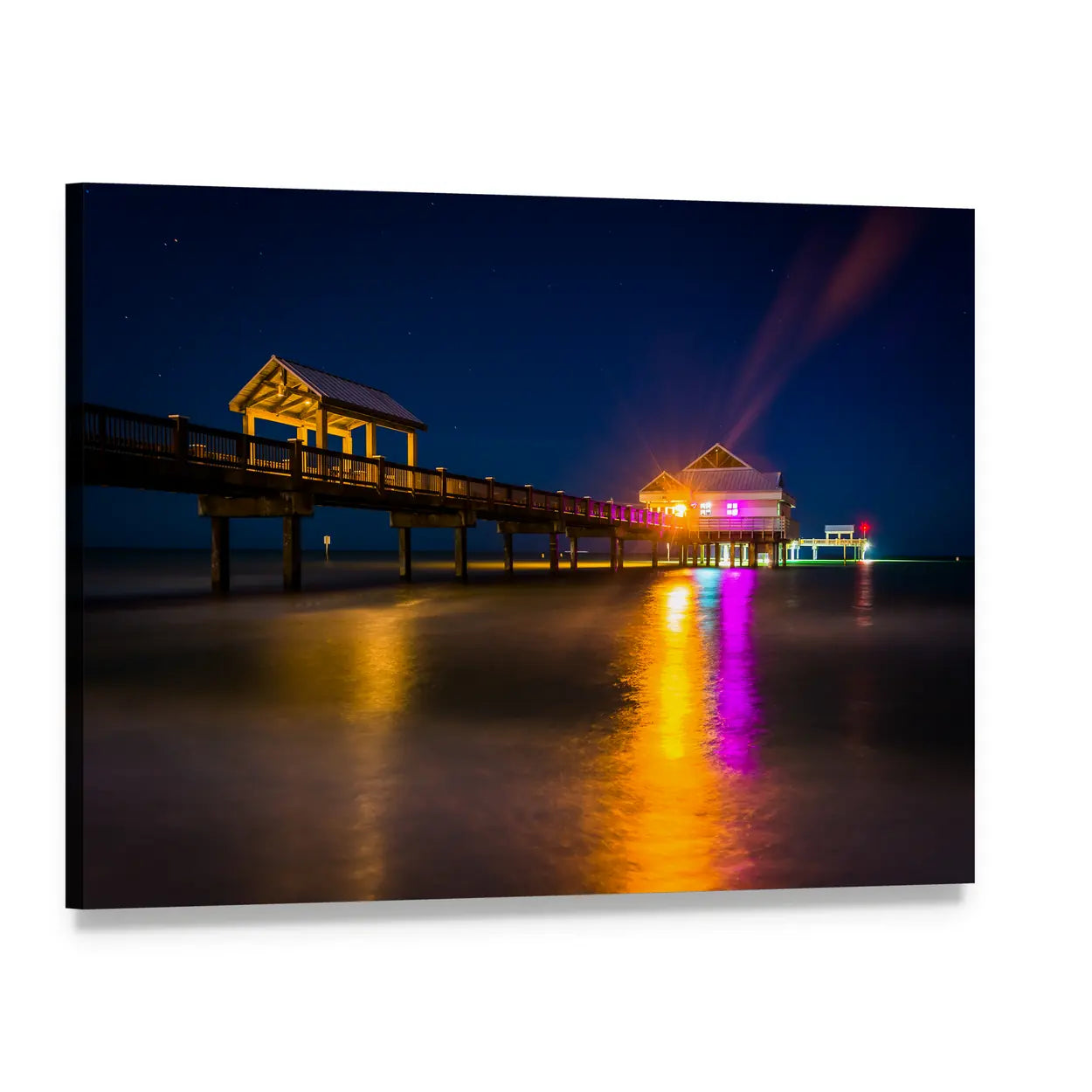 Fishing Pier at Night Canvas Wall Art, single panel gallery wrapped canvas, angled product view
