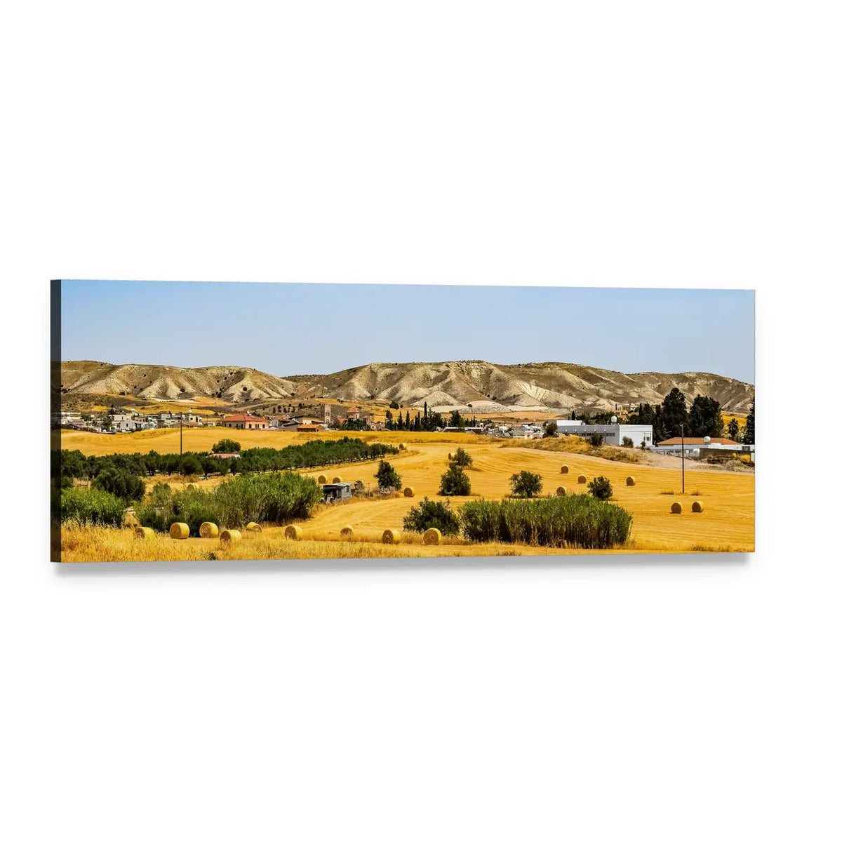 Golden Fields with Hay Bales Panoramic Canvas Wall Art, single panel gallery wrapped canvas, angled product view