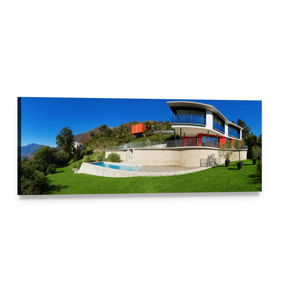 Modern Luxury Home with Pool Panoramic Canvas Wall Art, single panel gallery wrapped canvas, angled product view