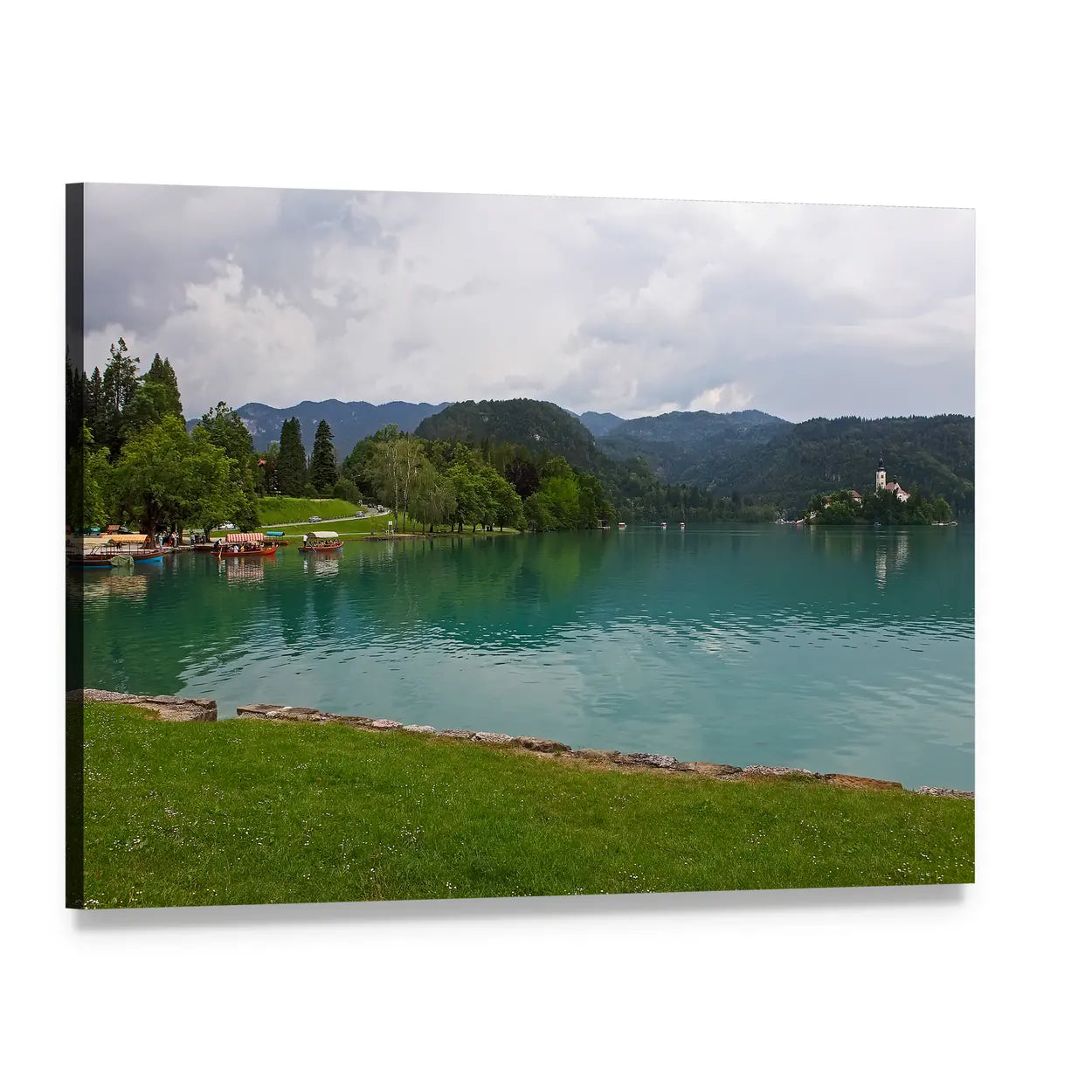 Bled Lake with Church Canvas Wall Art, single panel gallery wrapped canvas, angled product view