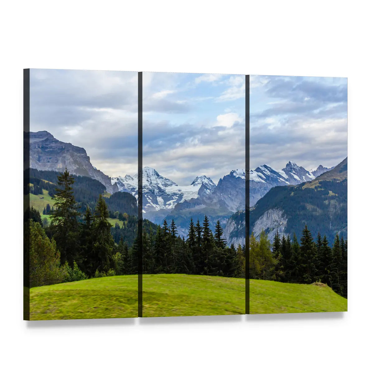 Wengen View of the Swiss Alps Canvas Wall Art, 3 panel 3 Horizontal layout gallery wrapped canvas set, angled product view
