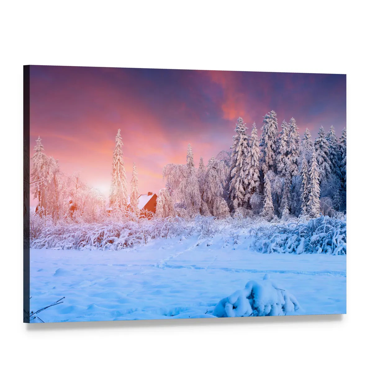 Snow-covered Field with Red Cabin at Sunset Canvas Wall Art, single panel gallery wrapped canvas, angled product view