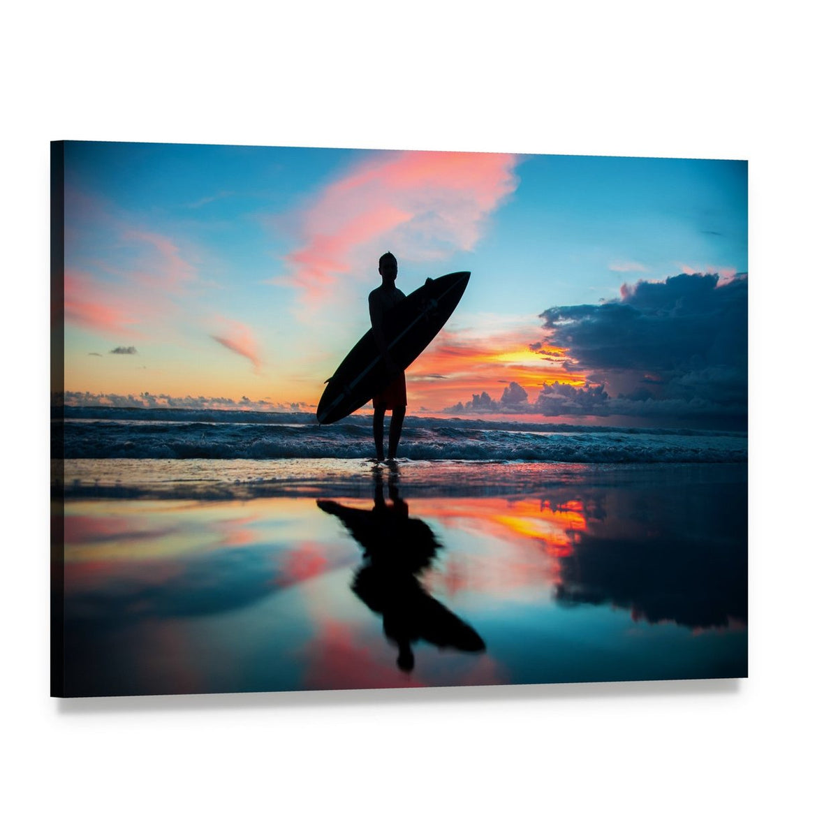 Young Surfer with Board on the Beach Canvas Wall Art, single panel gallery wrapped canvas, angled product view
