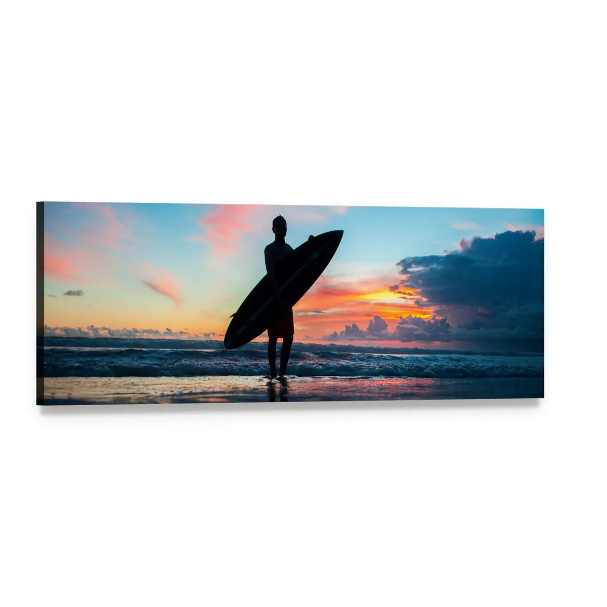 Young Surfer with Board at Sunset Panoramic Canvas Wall Art, single panel gallery wrapped canvas, angled product view