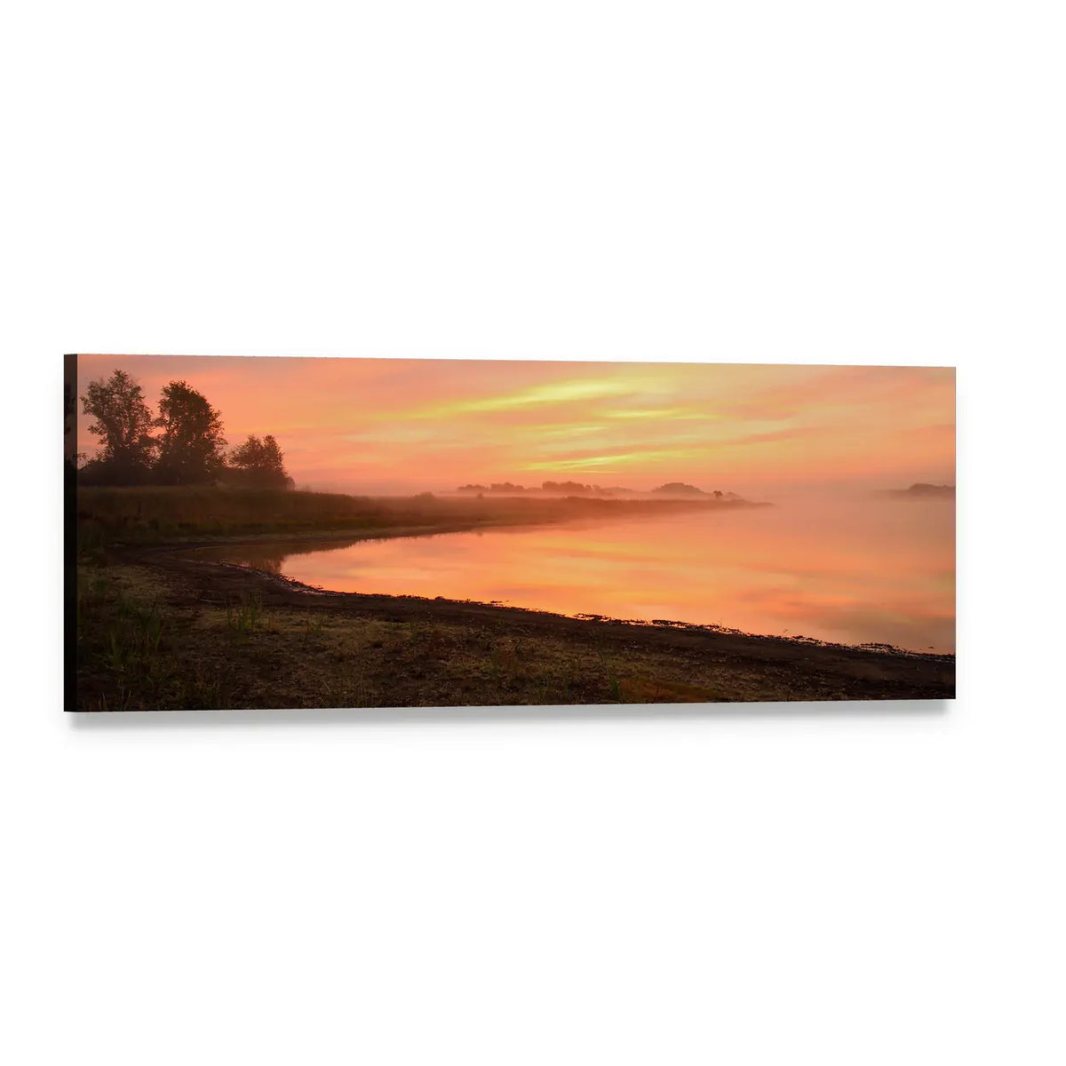 Scenic Lake at Dawn Panoramic Canvas Wall Art, single panel gallery wrapped canvas, angled product view
