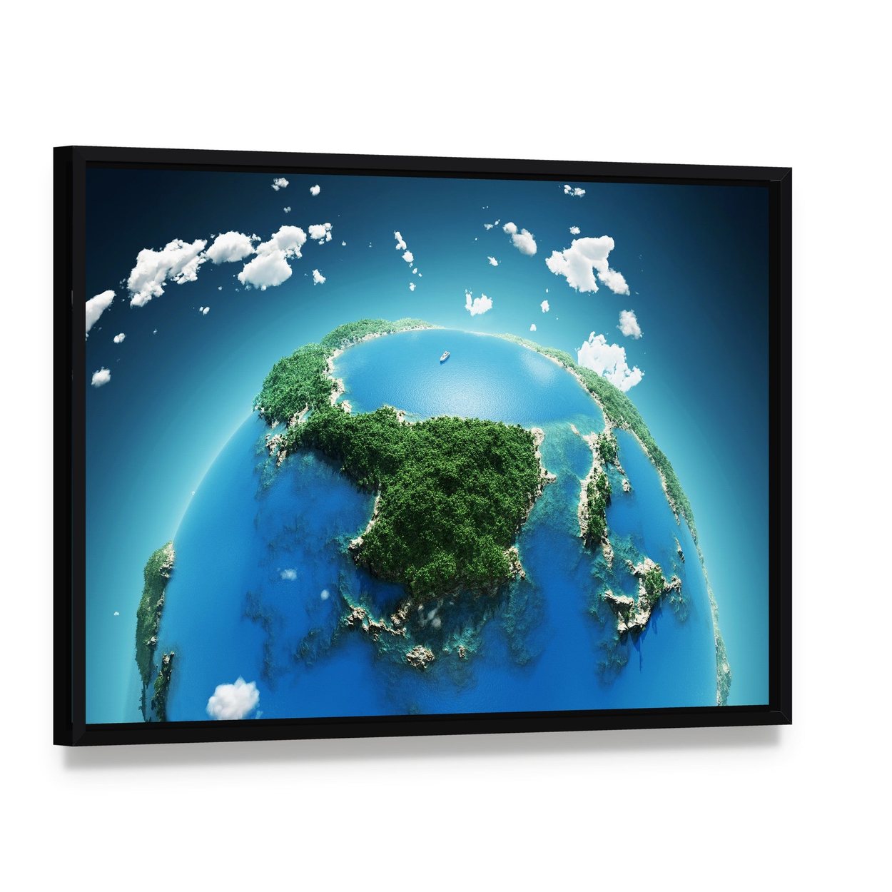 Green & Blue Planet Earth Canvas Wall Art, framed canvas in a black floater frame, angled product view