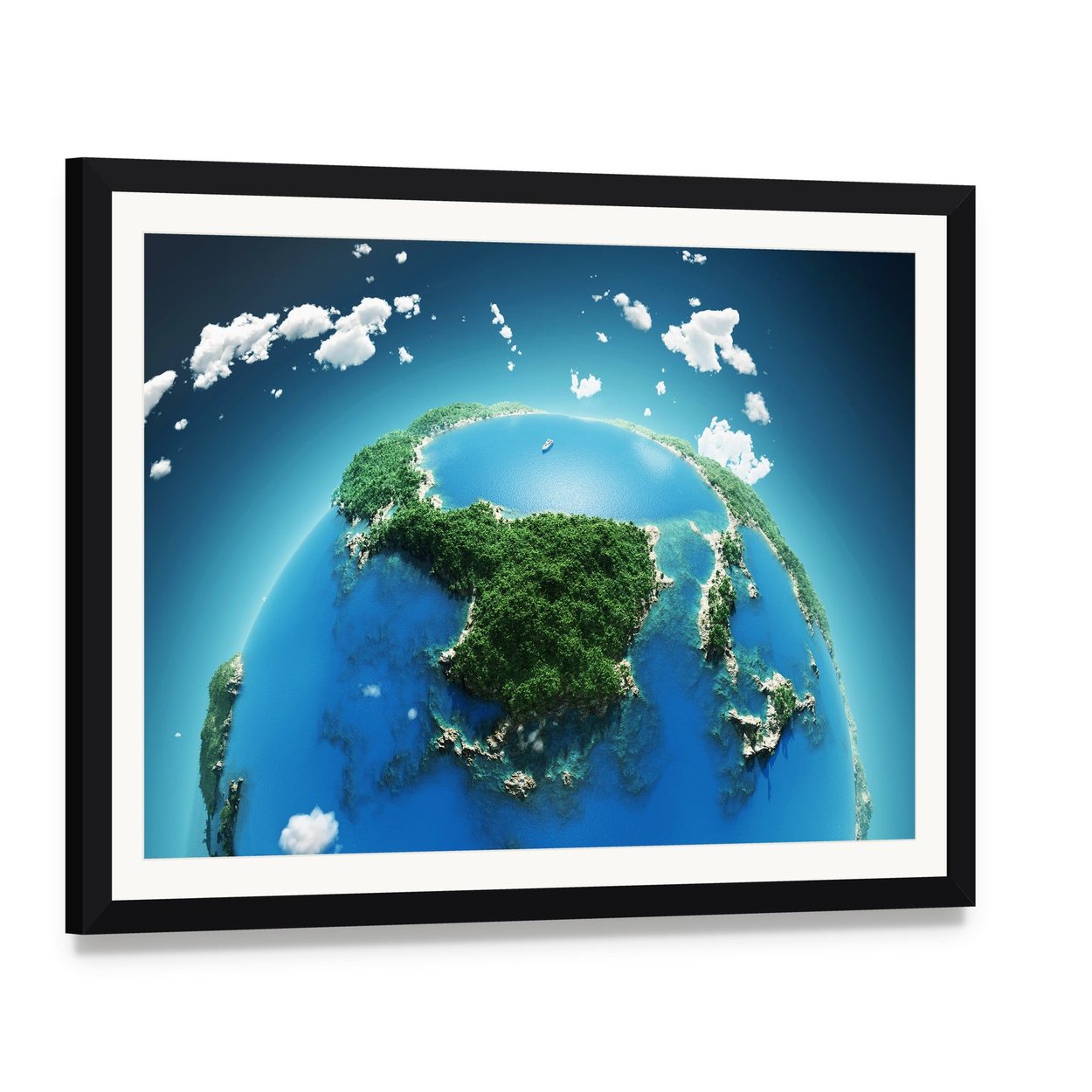 Green & Blue Planet Earth Canvas Wall Art, framed print with white mat and black frame, angled product view