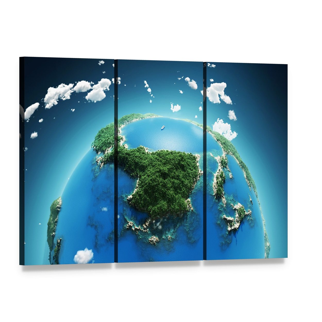 Green & Blue Planet Earth Canvas Wall Art, 3 panel 3 Horizontal layout gallery wrapped canvas set, angled product view