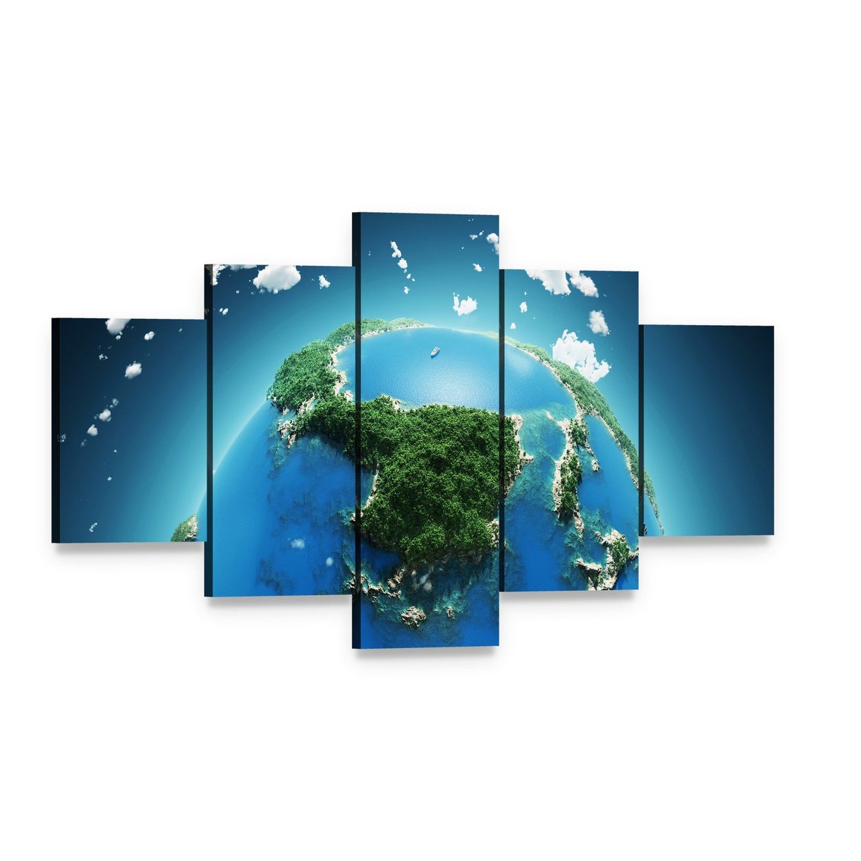 Green & Blue Planet Earth Canvas Wall Art, 5 panel 5 Star layout gallery wrapped canvas set, angled product view