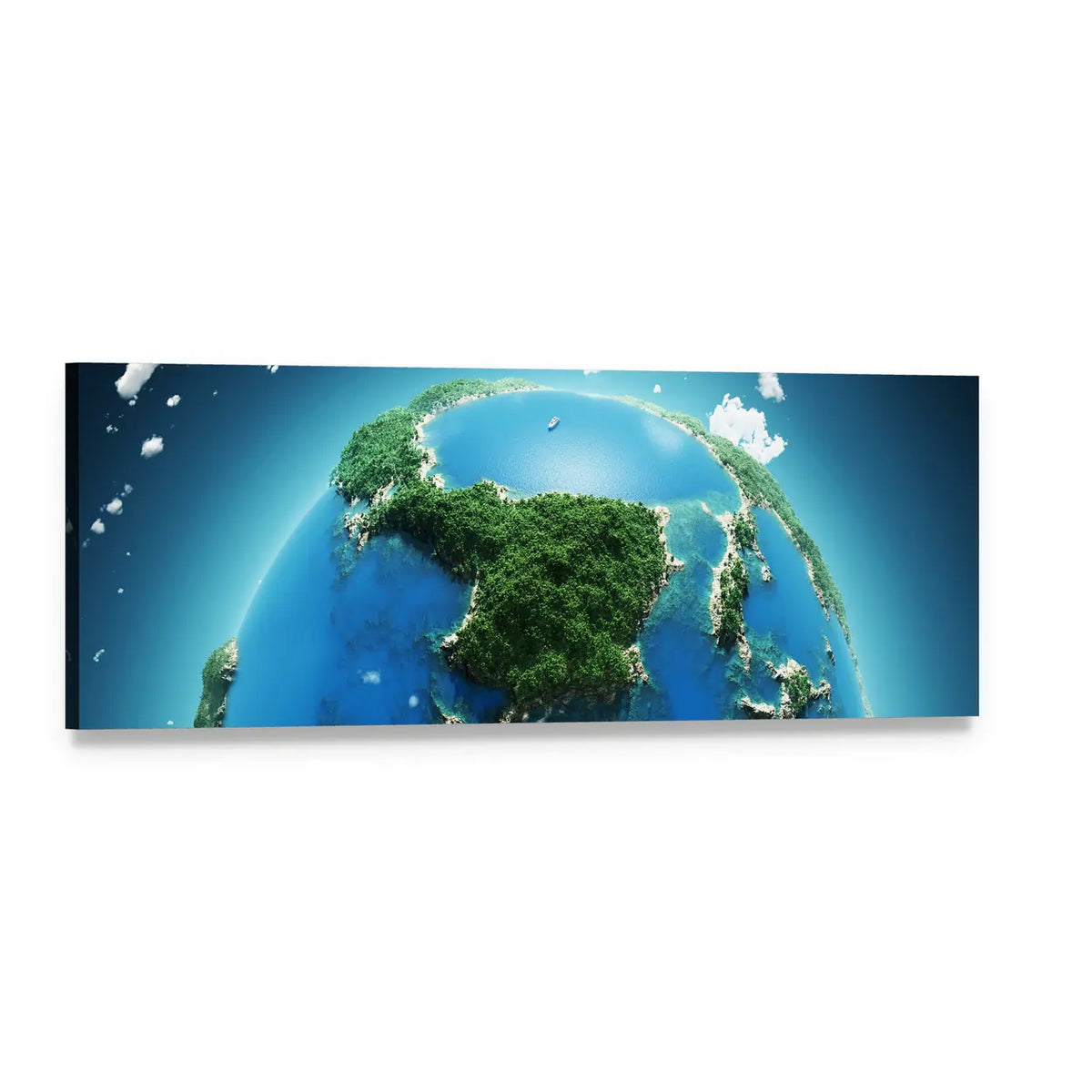 Green and Blue Planet Earth Panoramic Canvas Wall Art, single panel gallery wrapped canvas, angled product view